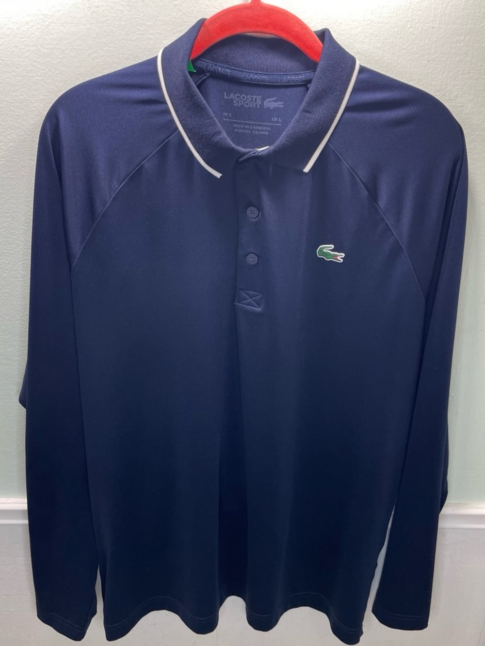 Lacoste Men's Navy Long-Sleeve Polo with White Trim